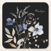 モノグラムのシックかわいらしウォーターカラーブルーフローラ スクエアペーパーコースター (正面)