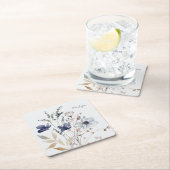 モノグラムのシックかわいらしウォーターカラーブルーフローラ スクエアペーパーコースター (インサイチュ)