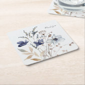 モノグラムのシックかわいらしウォーターカラーブルーフローラ スクエアペーパーコースター (アングル)