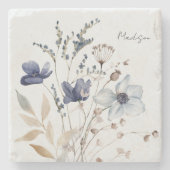 モノグラムのシックかわいらしウォーターカラーブルーフローラ ストーンコースター (正面)