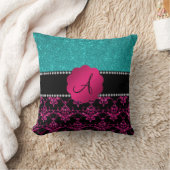 モノグラムのショッキングピンクのグリッターのダマスク織のターコイズのグリッター クッション (ブランケット)