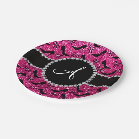 モノグラムのショッキングピンクのグリッターの黒のハイヒールの弓 ペーパープレート (アングル)