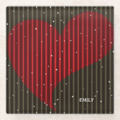 モノグラムのシンプル赤いハート ガラスコースター (正面)