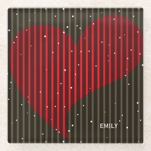 モノグラムのシンプル赤いハート ガラスコースター (正面)