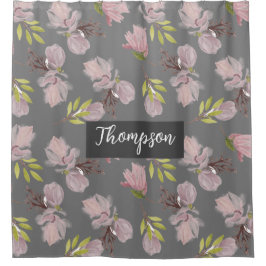 モノグラムのスタイリッシュ濃灰色かわいい花柄 シャワーカーテン