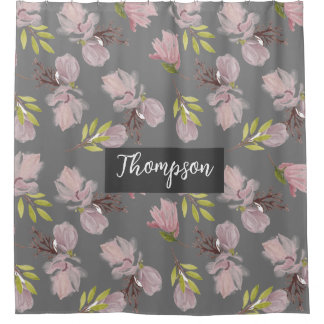 モノグラムのスタイリッシュ濃灰色かわいい花柄 シャワーカーテン