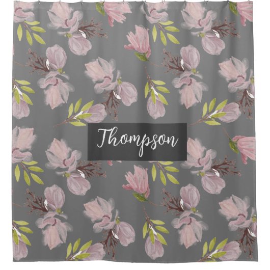 モノグラムのスタイリッシュ濃灰色かわいい花柄 シャワーカーテン (正面)