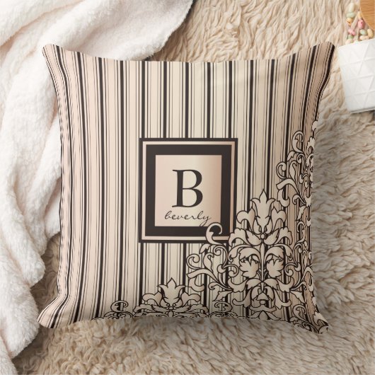 モノグラムのストライプなダマスク織のフェミニンでガーリーなかわいらしい クッション (ブランケット)