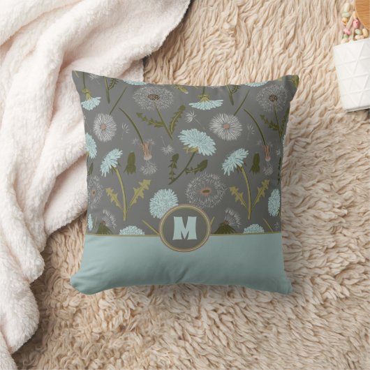 モノグラムのタンポポ花グレイ クッション (ブランケット)
