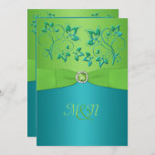 モノグラムのターコイズ、ライム花の結婚のInvitate 招待状 (正面/裏面)