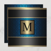 モノグラムのダマスク織のロイヤルブルー、黒および金ゴールド 招待状 (正面/裏面)