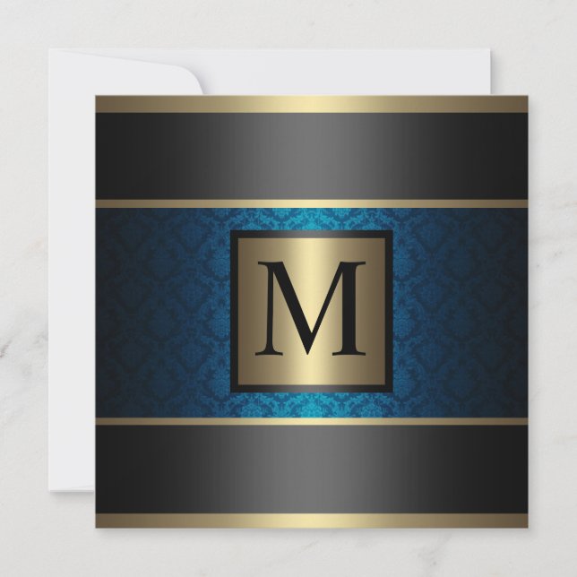 モノグラムのダマスク織のロイヤルブルー、黒および金ゴールド 招待状 (正面)