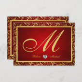 モノグラムのダマスク織の赤/金ゴールドRSVPカード 出欠カード (正面/裏面)