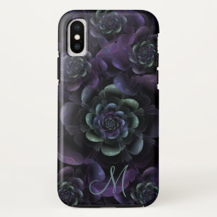 モノグラムのティール(緑がかった色)の紫色のラベンダーの黒の花柄 iPhone X ケース