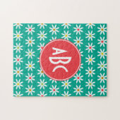 モノグラムのティール(緑がかった色)デイジードット ジグソーパズル (横)