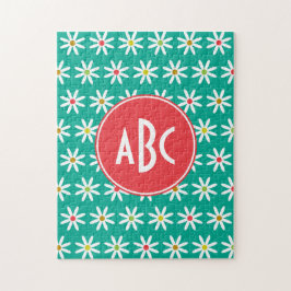 モノグラムのティール（緑がかった色）デイジードット ジグソーパズル