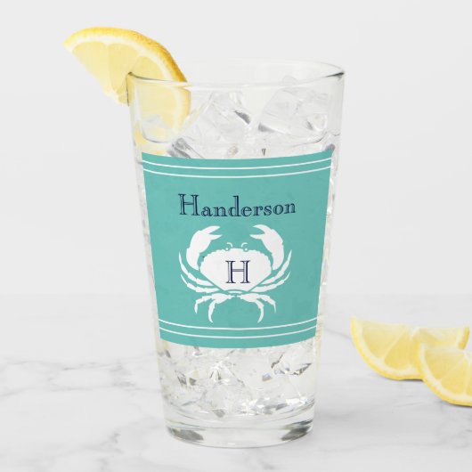 モノグラムのティール（緑がかった色）ネイビーブルーホワイトカニ航海の タンブラーグラス (アイス正面)