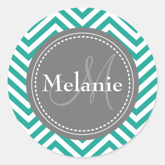 モノグラムのティール（緑がかった色）ブルー&グレイジグザグジグザグ ラウンドシール (正面)
