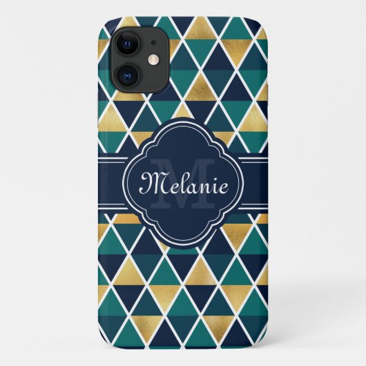 モノグラムのティール(緑がかった色)金ゴールド幾何三角形パターン Case-Mate iPhoneケース (裏面)