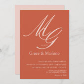 モノグラムのテラコッタピンク結婚ムード 招待状 (正面/裏面)