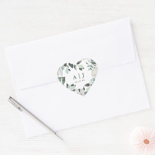 モノグラムのデート結婚が聞こえる美しい緑 ハートシール (封筒)