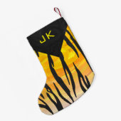 モノグラムのトラの黒いおよびオレンジプリントパターン スモールクリスマスストッキング (裏面 (吊り時))