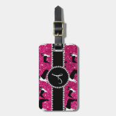 モノグラムのネオンショッキングピンクのグリッターのボストンテリア ラゲッジタグ (正面縦)