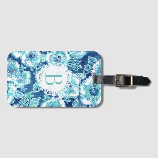 モノグラムのハイビスカスの奨励金の青い熱帯ハワイアン ラゲッジタグ (正面横)