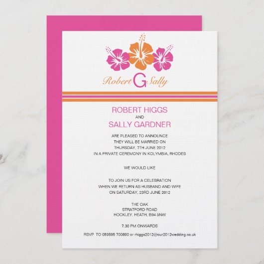 モノグラムのハイビスカスの花の結婚式 招待状 (正面/裏面)