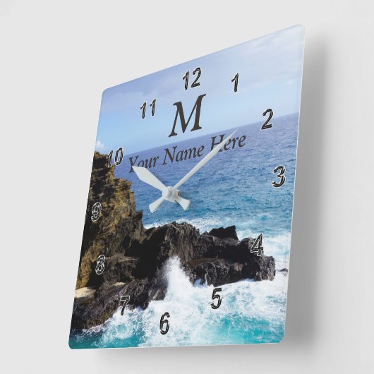 モノグラムのハワイの海の時計あなたの名前、写真 スクエア壁時計 (傾斜)