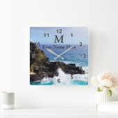 モノグラムのハワイの海の時計あなたの名前、写真 スクエア壁時計 (ホーム)