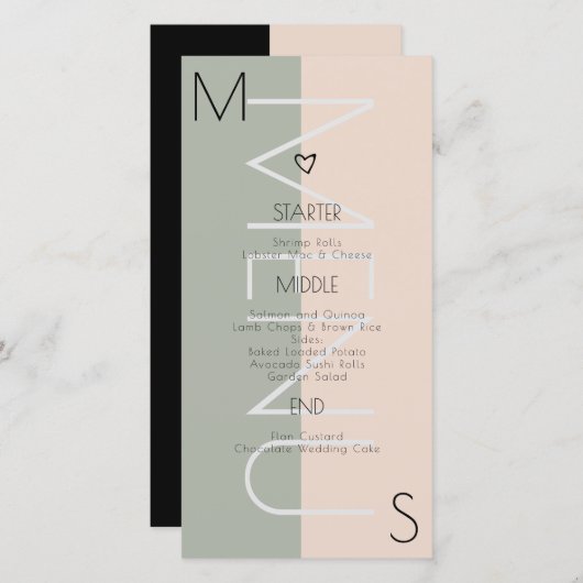 モノグラムのハートの結婚セージのピンクのメニュー (正面/裏面)