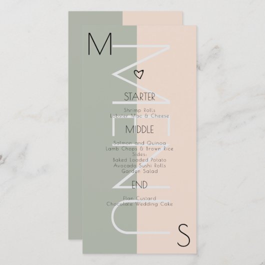 モノグラムのハートの結婚セージのピンクのメニュー (正面/裏面)