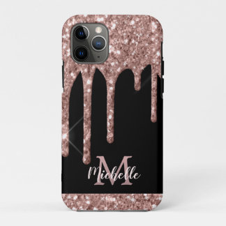 モノグラムのバラ金ゴールドグリッタードリップオンブラック iPhone 11 PROケース