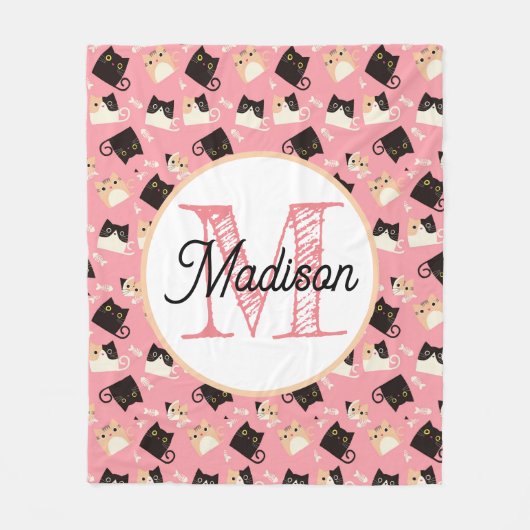 モノグラムのパーソナライズされた可愛い猫フリースブランケット フリースブランケット (正面)