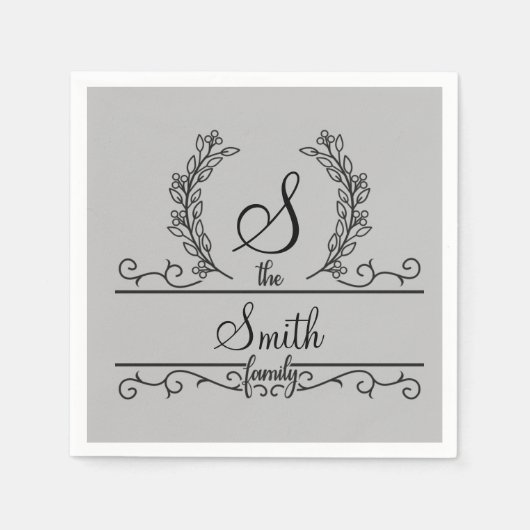 モノグラムのパーソナライズされた姓 スタンダードカクテルナプキン (正面)