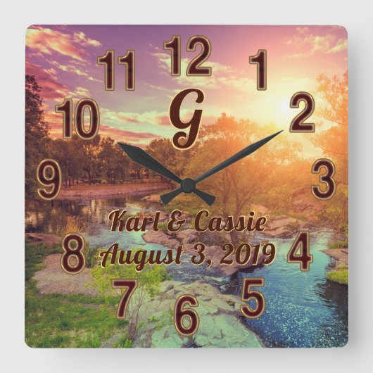 モノグラムのパーソナライズされた時素朴結婚計 スクエア壁時計 (正面)