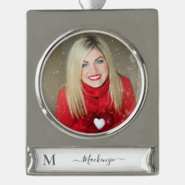 モノグラムのパーソナライズイニシャル名写真 シルバープレートバナーオーナメント