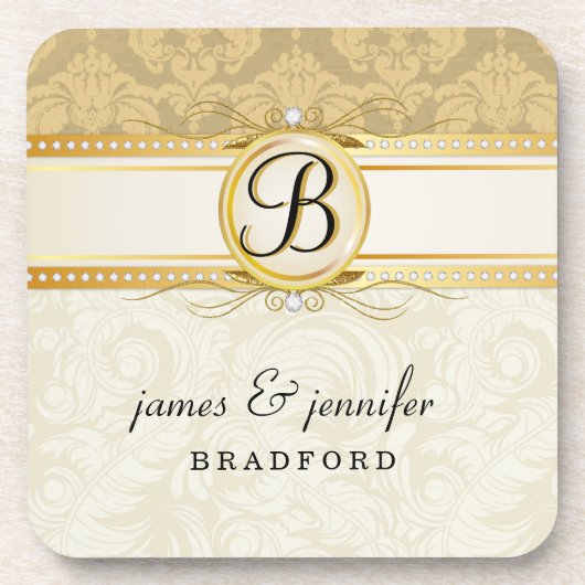 モノグラムのビクトリアンな金ゴールドのダマスク織のコルクのコースターセット コースター (正面)