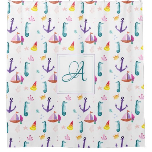 モノグラムのビーチハットキッズバスルーム海ライフシー シャワーカーテン (正面)