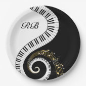 モノグラムのピアノ鍵および音符 ペーパープレート (正面)