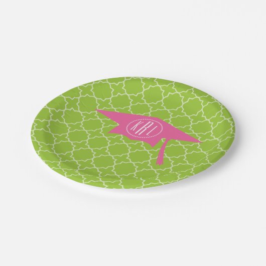 モノグラムのピンクの卒業の帽子 + 緑のクローバー ペーパープレート (アングル)