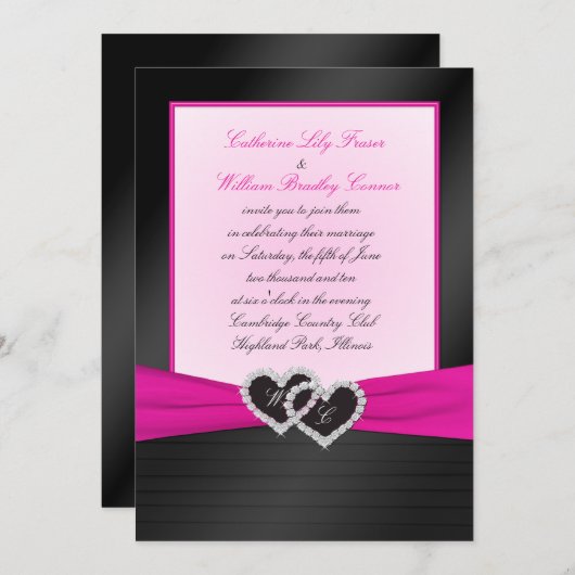 モノグラムのピンクの招待の黒くフェイクなサテンのプリーツ 招待状 (正面/裏面)