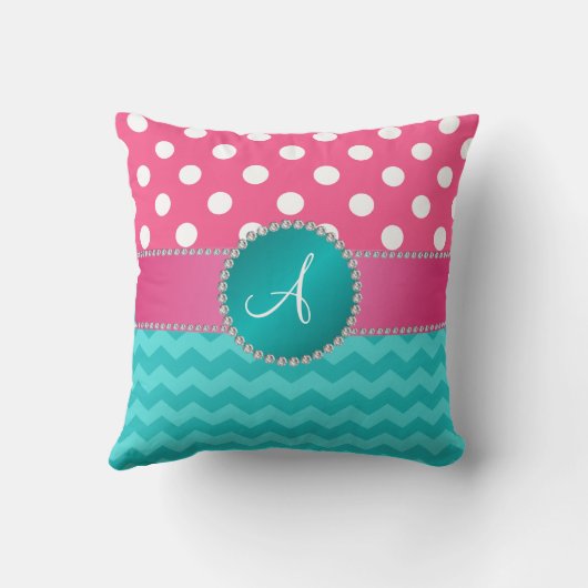 モノグラムのピンクの水玉模様のターコイズのシェブロンの輝き クッション (裏面)
