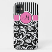 モノグラムのピンクの白黒のストライプのなダマスク織のiPhone 5 Case-Mate iPhoneケース (裏面)