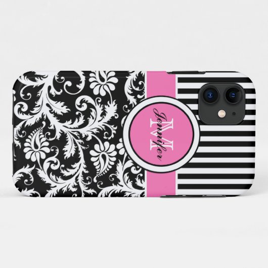 モノグラムのピンクの白黒のストライプのなダマスク織のiPhone 5 Case-Mate iPhoneケース (裏面(横))