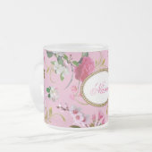 モノグラムのピンクの花 フロストグラスマグカップ (正面左)