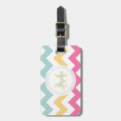 モノグラムのピンクの黄色および青のシェブロンの荷物のラベル ラゲッジタグ (正面縦)