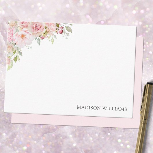 モノグラムのピンク水彩バラ花フローラ ノートカード