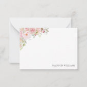 モノグラムのピンク水彩バラ花フローラ ノートカード (正面)